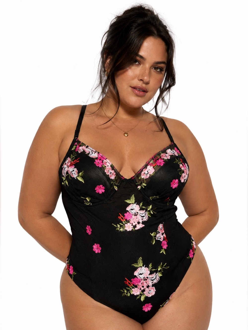 90s/Y2K European Vintage Embroidered Floral Mesh Bodysuit (Black/Multi)Size L/XL